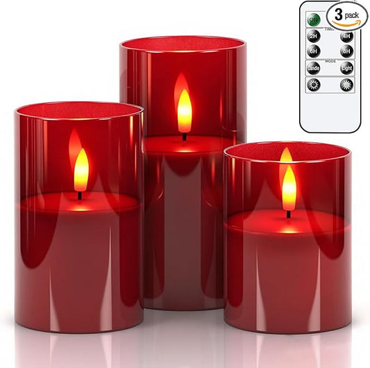 GenSwin Glass Flameless Candles with Remote Battery Operated Flickering LED Pillar Candles Real Wax 3D Wick for Wedding Festival Home Decoration(Red,Pack of 3)
