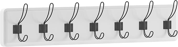 HBCY Creations White Solid Wood Wall Mounted Coat Rack with Shelf, 7 Hooks, 34" Long - Kitchen, Mudroom, Entryway, Bathroom - Includes Mounting Hardware, Coat Hanger, Dog Leash Hooks, Towel Rack