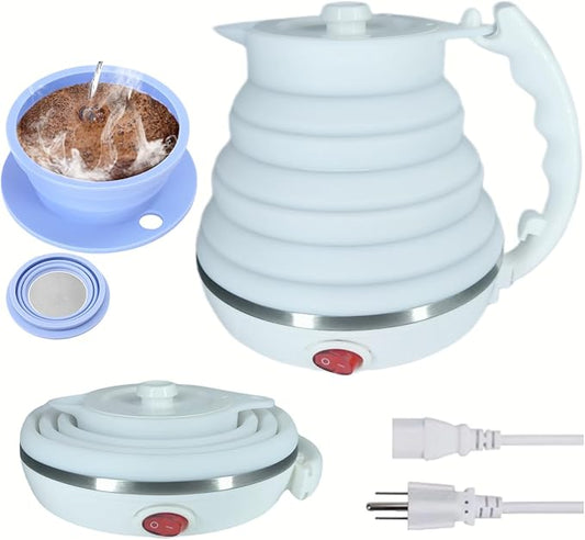 Travel Kettle Electric Collapsible, Portable Electric Kettle Silicone + Paperless Collapsible Coffee Dripper, Travel Pour Over Coffee Maker Single Cup, White