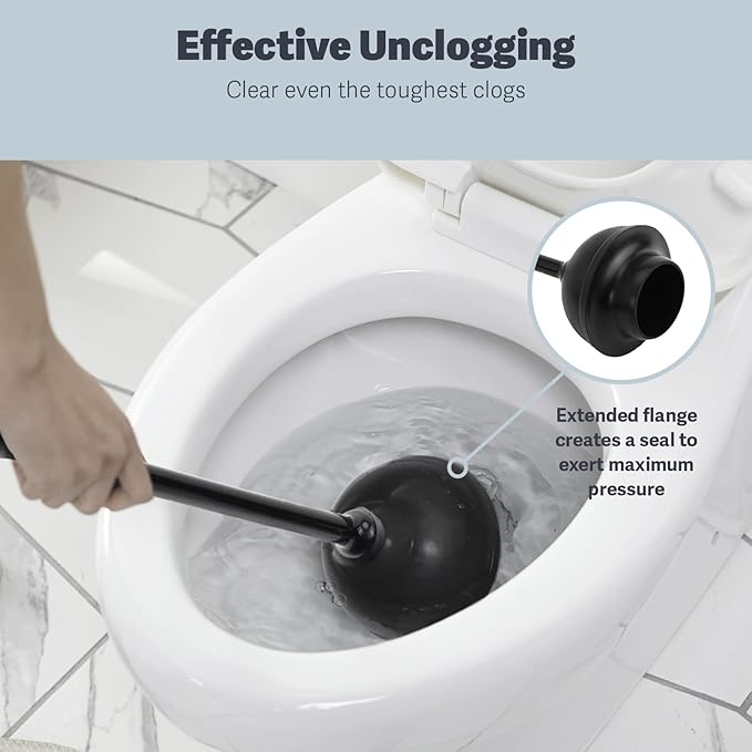 Casabella Toilet Plunger and Hideaway Caddy Combo for Bathrooms, 2-Piece Heavy-Duty Toilet Plunger and Holder Set, Black