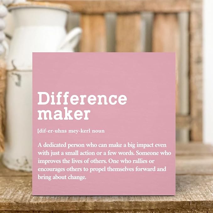 Difference Maker Definition Home Office Decor Wooden Box Sign, Motivational Retirement Thank You Gifts for Women Teacher Boss Lady Mom Coworker Farmhouse Desk Decor Table Shelf Wall Display, Pink