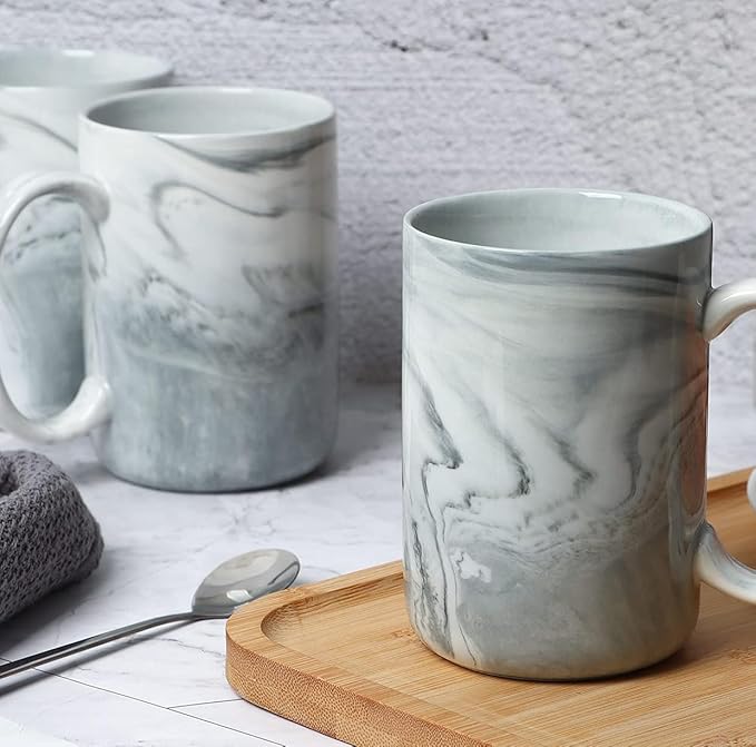 Smilatte 14 OZ Marble Coffee Mugs, M068 Novelty Marble Ceramic Cup for Home and Office, Microwave Dishwasher Safe, Set of 4, Gray