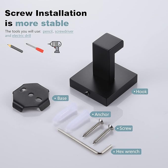 KOKOSIRI Bath Towel Hook Wall Mounted Square Robe Hook Coat Hook Bathroom Kitchen Garage Heavy Duty SUS 304 Stainless Steel 3 Pack Matte Black B1010BK-P3