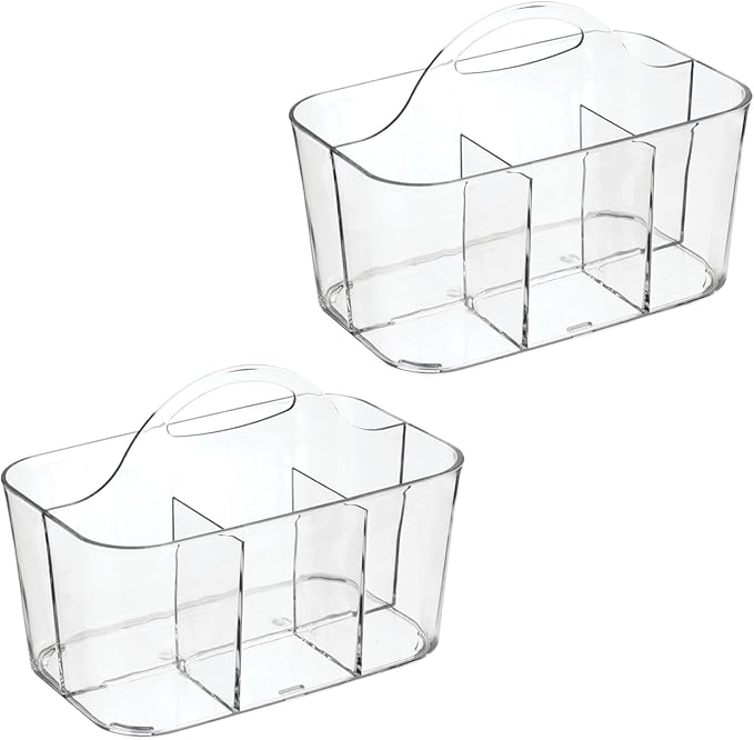 mDesign Plastic Makeup Storage Organizer Caddy Tote, Divided Basket Bin, Handle for Bathroom, Hold Eyeshadow Palettes, Nail Polish, Brushes, Shower Essentials, Small, Lumiere Collection, 2 Pack, Clear