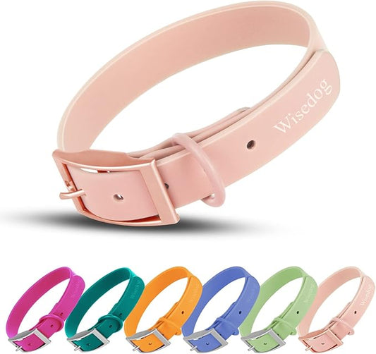 Wisedog Waterproof Dog Collar: Multiple Adjust 7" to 23.6", Soft Rubber Coated Webbing, Easy to Clean, for Small Medium Large Dogs (L|15"-19" × 1 in, Gossamer Pink)