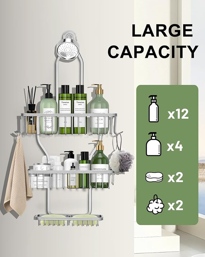 Shower Caddy Hanging - Never Rust Shower Hanging Organizer - Aluminum Over the ShowerHead Caddy with 6 Hooks for Razor/Sponge (Silver)