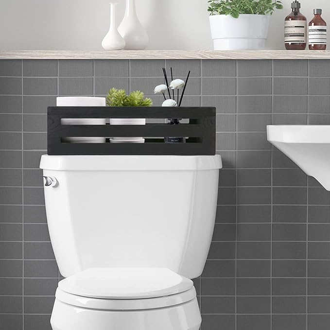 LotFancy Bathroom Decor Box, 2 Pack Wooden Toilet Paper Holder, Black Toilet Tank Basket, Back of Toilet Storage Basket, Farmhouse Toilet Tank Topper