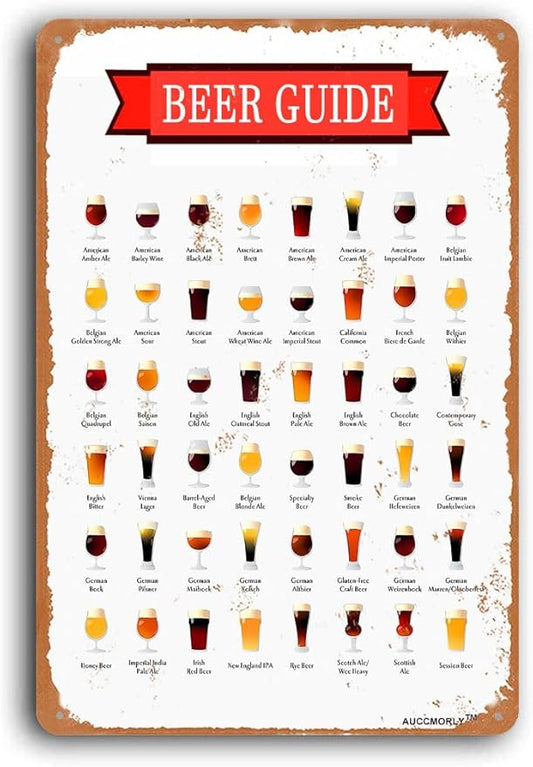 Aluminum Beer Guide Sign, Beer Decor for Kitchen Alcohol Wall Decor, Vintage Metal Sign for Home Bar Man Cave Decor Gifts 12"x16"