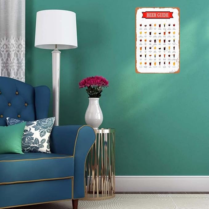 Aluminum Beer Guide Sign, Beer Decor for Kitchen Alcohol Wall Decor, Vintage Metal Sign for Home Bar Man Cave Decor Gifts 8"x12"