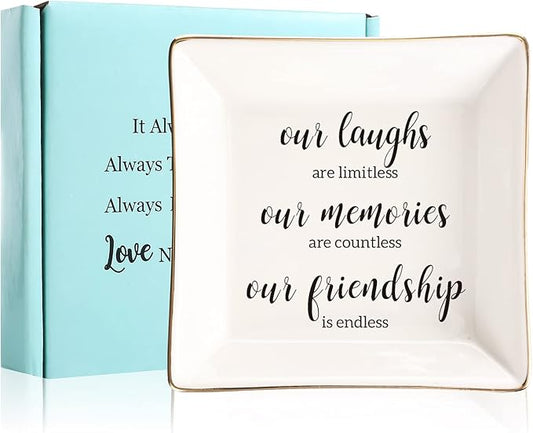 Endless Friendship Gifts Ceramic Ring Dish Jewelry Tray,Birthday Gifts For Best Friend-Our Laughs Are Limitless,Our Memories Are Countless,Our Friendship Is Endless