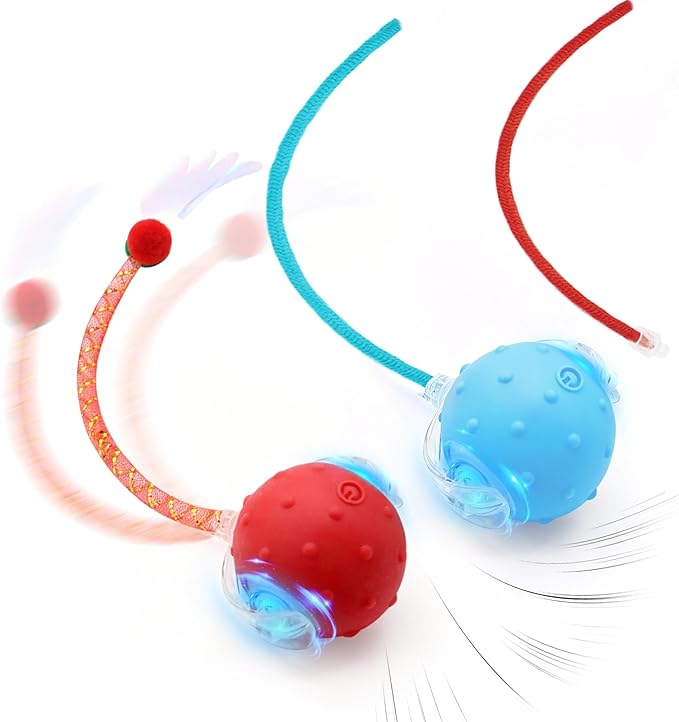 Interactive Cat Toys, 2 Pcs Automatic Moving Cats Toy with Elastic Mesh Bell Tail, Rechargeable Cat Ball for Bored Indoor Adult Cats, Energetic-cat (Red+Blue)