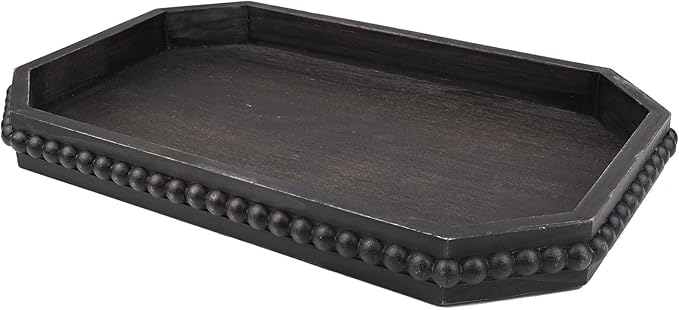 Wood Rustic Serving Tray with Beads, Farmhouse Vintage Black Decorative Tray for Table Centerpiece, Christmas Wedding Halloween Home Decor