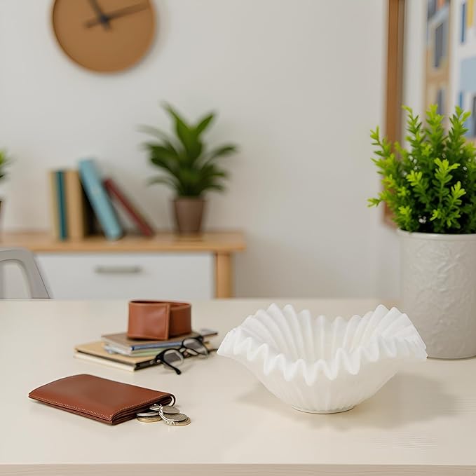 Braxio White Decorative Bowl – Resin Ruffle Bowl for Entryway, Dining Table Centerpiece, Fruit or Key Holder for Modern Home Decor, 12 Inch Art Deco Style