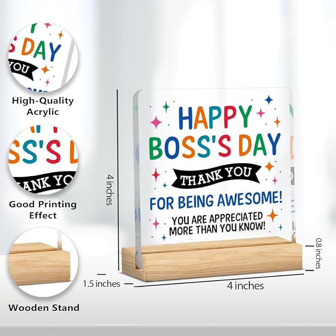 Funny Boss Gifts for Women Men Office Decor Acrylic Plaque Happy Boss‘s Day Thank You Gifts for Boss Manager Mentor Inspirational Gift 4x4 Inches