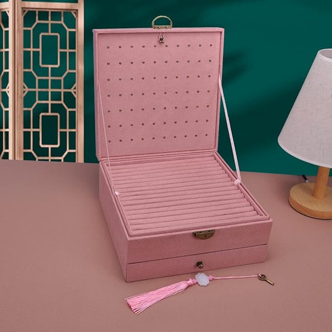 Jewelry Organizer 5 Layers Velvet Square Jewelry Box Women Necklace Ear studs Display Bangles Large Jewelry Storage Case Drawer GY306 (Pink)