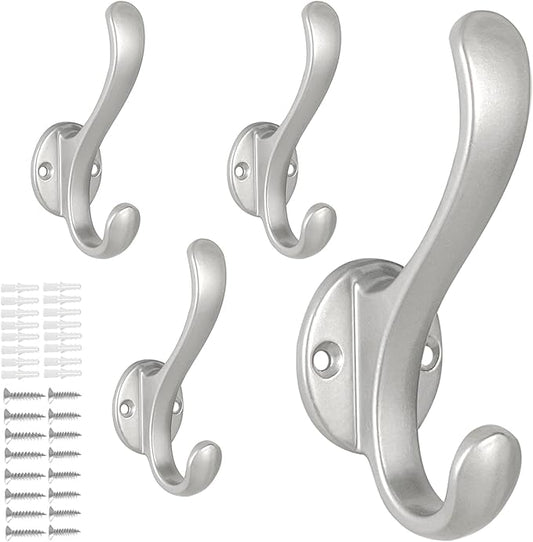 4 Pack Coat Hooks Wall Mount Heavy Duty Utility Retro Double Hooks for Hanging Coats,Hat, Towel, Key, Robe, Scarf, Bag, Cap (Silver)