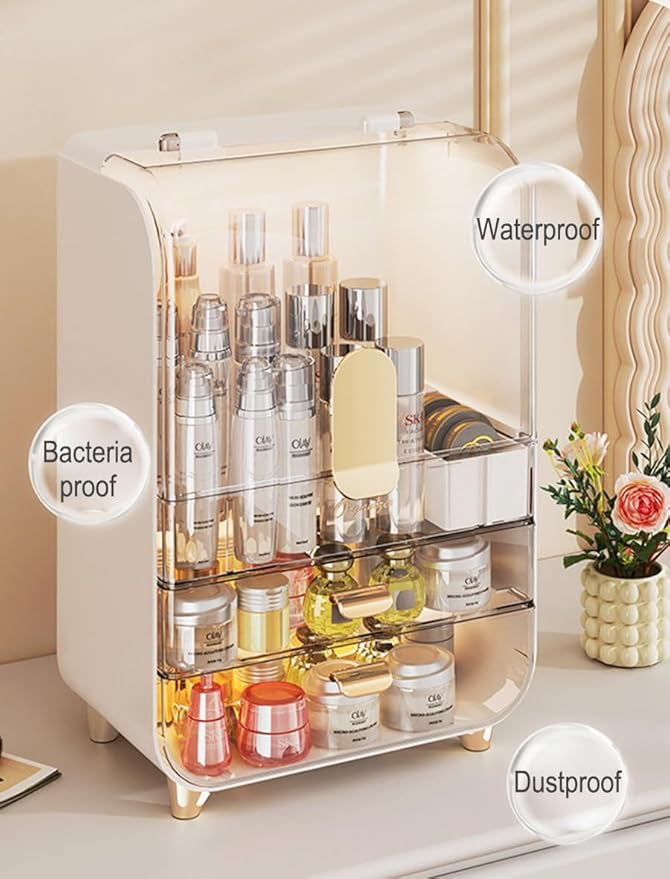 Makeup Organizer for Vanity, Large Capacity Cosmetic Organizer Trendy Stuff, Clear Cosmetic Display Case with Flip-top Lid and 2-Tier Drawer for Bathroom Countertop, Bedroom Dresser (White)