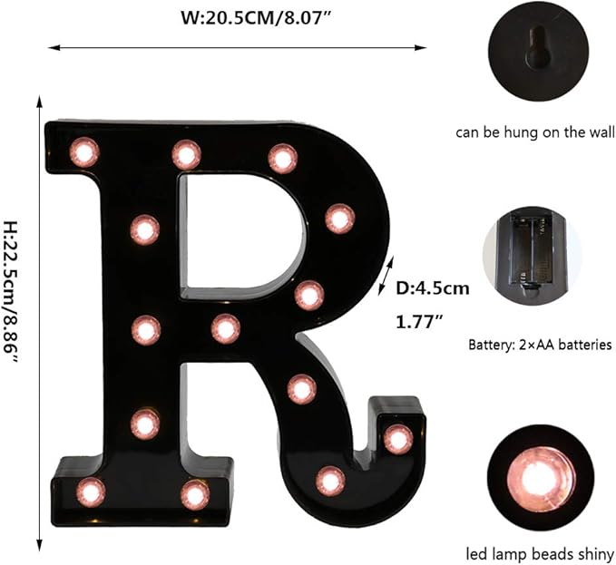 Light Up Black Alphabet Marquee Letters Sign LED Marquee Number Lights Sign for Night Light Home Bar Christmas Lamp Birthday Party Wedding Decoration R
