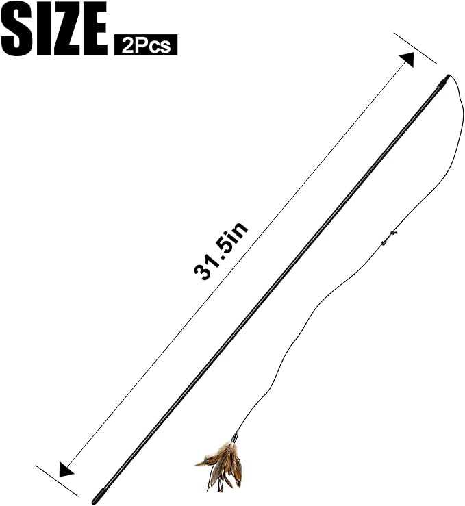 TTcat 2 Pcs Cat Wand Toys Natural Feather Stick Toys,31.5” Extra Long Teaser Wands and 4 PCS Feather Refills,Interactive Toys for Indoor Cat and Kitten.