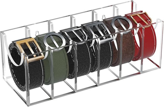 GTI Belt Organizer, Acrylic 6 Compartments Belt Organizer for Closet and Drawer, Display Case for Tie,Bow Tie and Belt,Clear Belt Storage Container Holder for Men Women