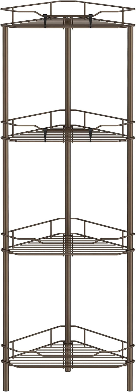 4 Tier Floor Standing Corner Shower Caddy Organizer Shelf with Hooks, Bathroom Shelves Stand Rack, Bronze