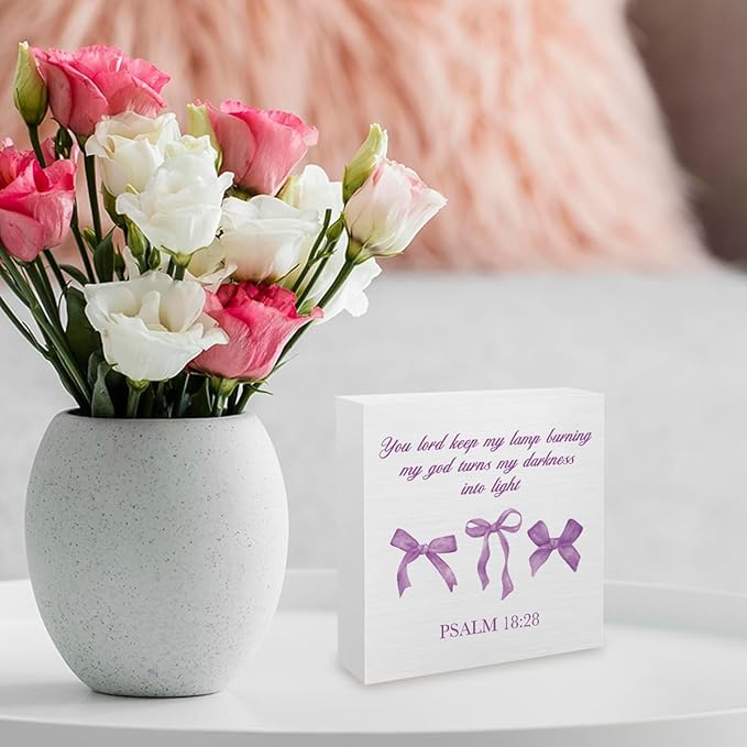 Purple Bow Room,Purple Decor Bedroom, Bathroom Decor, Inspirational Bible Verses Decorations Butterfly Decorations for Teen Girls Gifts Wooden Box 5 x 5 Inch