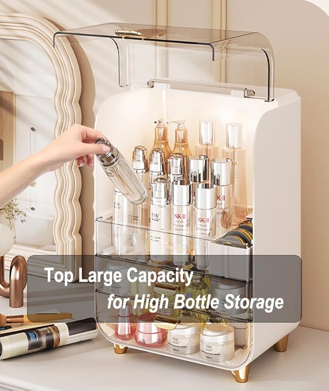 Makeup Organizer for Vanity, Large Capacity Cosmetic Organizer Trendy Stuff, Clear Cosmetic Display Case with Flip-top Lid and 2-Tier Drawer for Bathroom Countertop, Bedroom Dresser (White)