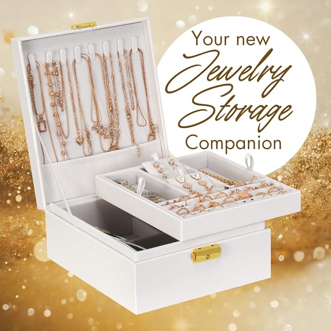 Prestige & Fancy 2 Layer Woman Jewelry Box, Jewelry Organizer For Woman, Men & Girls Large Case 8.5x7.5x3.3in | PU Leather Black Jewelry Gift Storage Boxes For Ring, Necklace & Bracelet With Lock