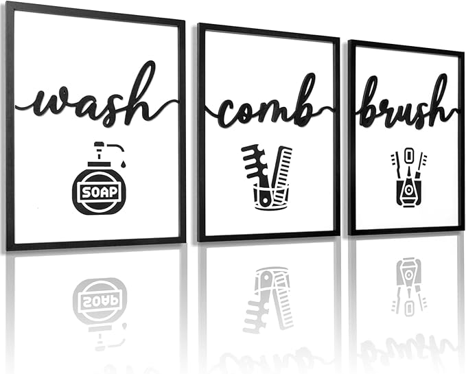 3D Wood Funny Bathroom Wall Art, Framed Black and White Bathroom Pictures Wall Decor, Cute Toilet Pictures for Bathroom Signs Decor(Ready to Hang, 12x16 inches, Set of 3, Framed)