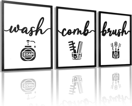 3D Wood Funny Bathroom Wall Art, Framed Black and White Bathroom Pictures Wall Decor, Cute Toilet Pictures for Bathroom Signs Decor(Ready to Hang, 12x16 inches, Set of 3, Framed)