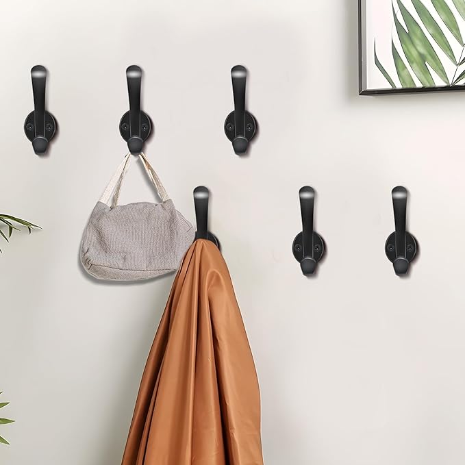 6 Pack Coat Hooks Wall Mount Heavy Duty Utility Retro Double Hooks for Hanging Coats,Hat, Towel, Key, Robe, Scarf, Bag, Cap (Black)