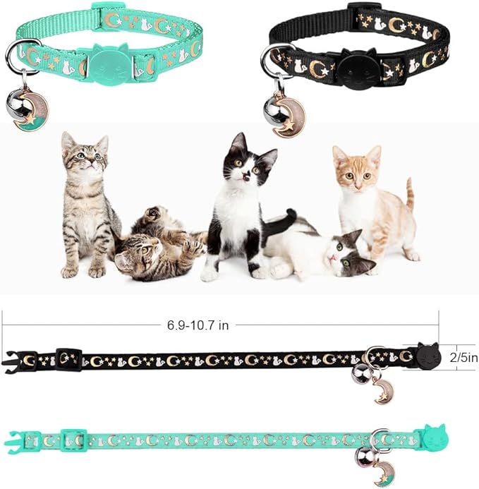 Baeuppit 2PCS Breakaway Cat Collars with Bell Moons Stars Cute Kitty Adjustable Safe Kitten Collars with Pendant Glow in The Dark(Black&Teal)