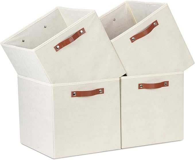 Temary Cube Storage Bins 4Pack Foldable Storage Baskets for Clothes Shelf Basket with Handles, Fabric Storage Boxes Organizer Bins for Home (Beige, 13x15x13 Inch)