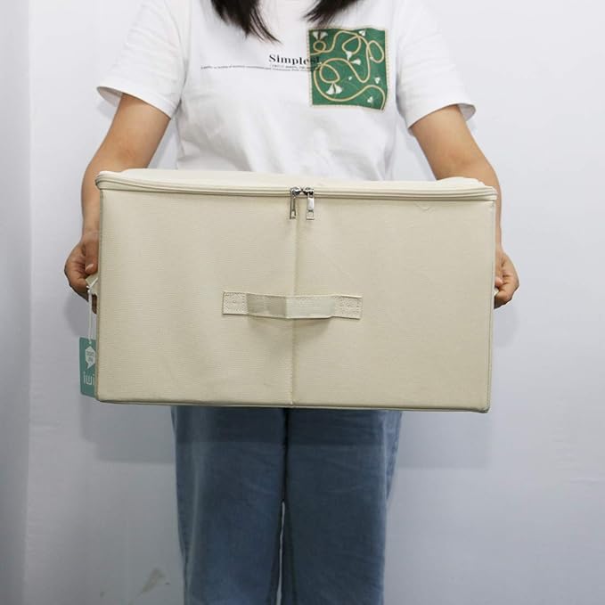 Pack of 3, Folding Rigid Sides Clothing Storage Organizer Bins with Zip Lid, Clothes/Blankets/Books/Magazines Storing Cubes for Living Room, Bedroom, Light Gray