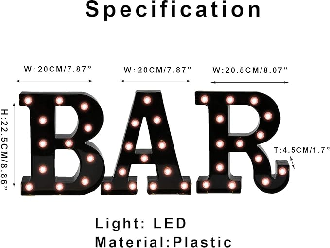 Black Bar Sign, Marquee Light Up Letters LED Marquee Number Lights Sign for Night Light Home Bar Christmas Lamp Birthday Party Wedding Decoration-BAR