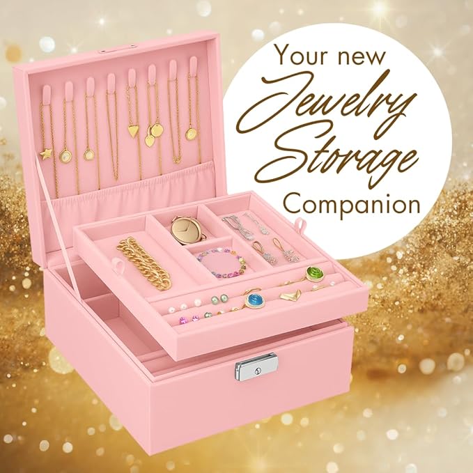 2 Layer Jewelry Box, Jewelry Organizer For Woman, Men & Girls Large Case 8.5x7.5x3.3in | PU Leather Jewelry Gift Storage Boxes For Ring, Necklace & Bracelet With Lock (Pink)