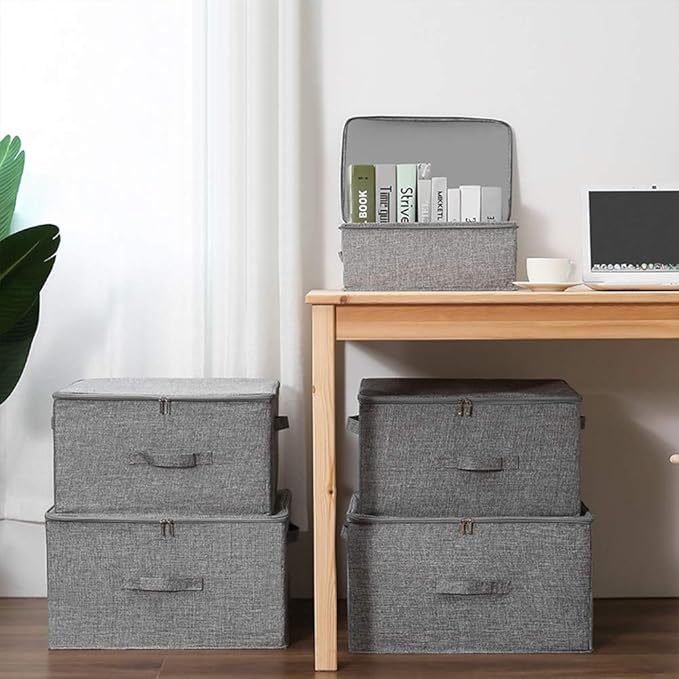 ANMINY 2PCS Storage Bins with Zipper Lids 36 Qt Lidded Fabric Storage Boxes Baskets Cubes with Handles Collapsible Washable Cotton Linen Closet Shelf Clothes Organizer Containers - Gray, Large