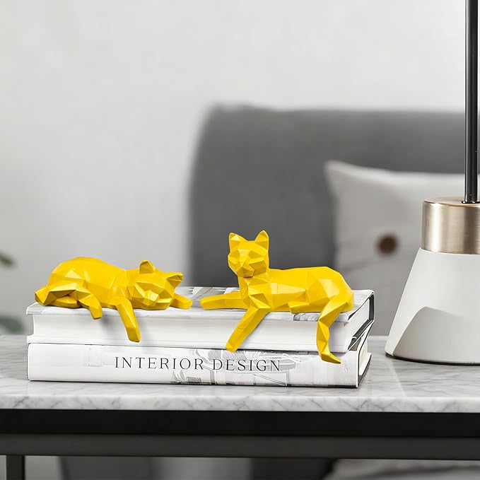 Mrlikale Bookshelf Decor Cat Statue, Modern Geometric Cat Figurines for Living Room Office Shelves Coffee Table Desk Decor – Set of 2 Minimalist Animal Statues (Yellow)
