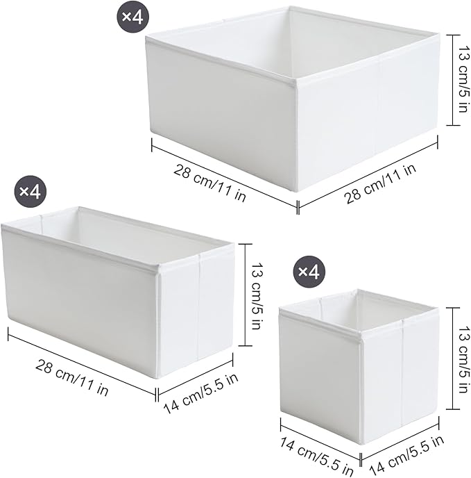 TYEERS Drawer Organizers, Durable Fabric, Washable, with Base Support Boards, Small Storage Boxes for Bathroom, Closet, Dresser, Set of 12, White