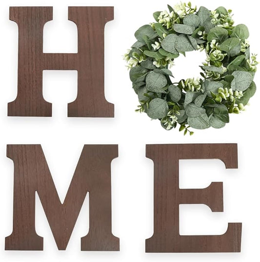 Wooden Home Sign Wall Hanging Decor - Wood Letters for Wall Art with Artificial Eucalyptus Wreath Rustic Home Decor Farmhouse, Wall Decor for Living Room Kitchen Housewarming Gift (Brown)