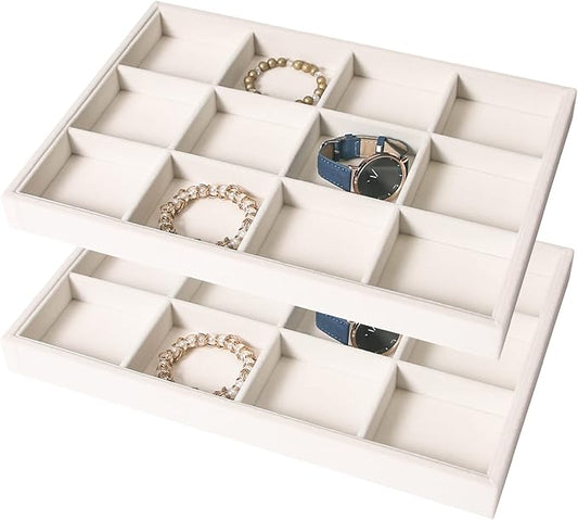 Coward 2PC Stackable 12 Grids Jewelry Organizer Tray Bracelet Display Stand for Selling Velvet Necklace Holder Earring Box Storage (12grid+12grid)