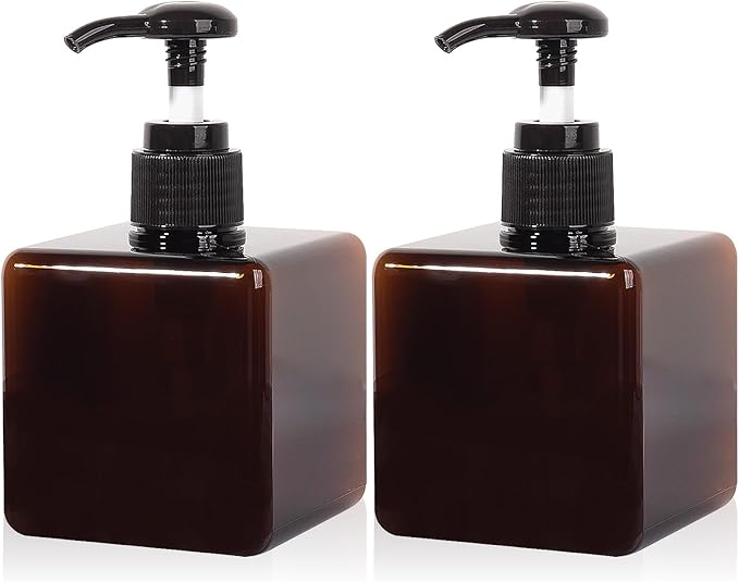 Pump Bottle, Refillable Plastic Empty Lotion Soap Dispenser Liquid Container for Bathroom Shampoo and Body Wash, 8.5oz/250ml Amber 2 Pack