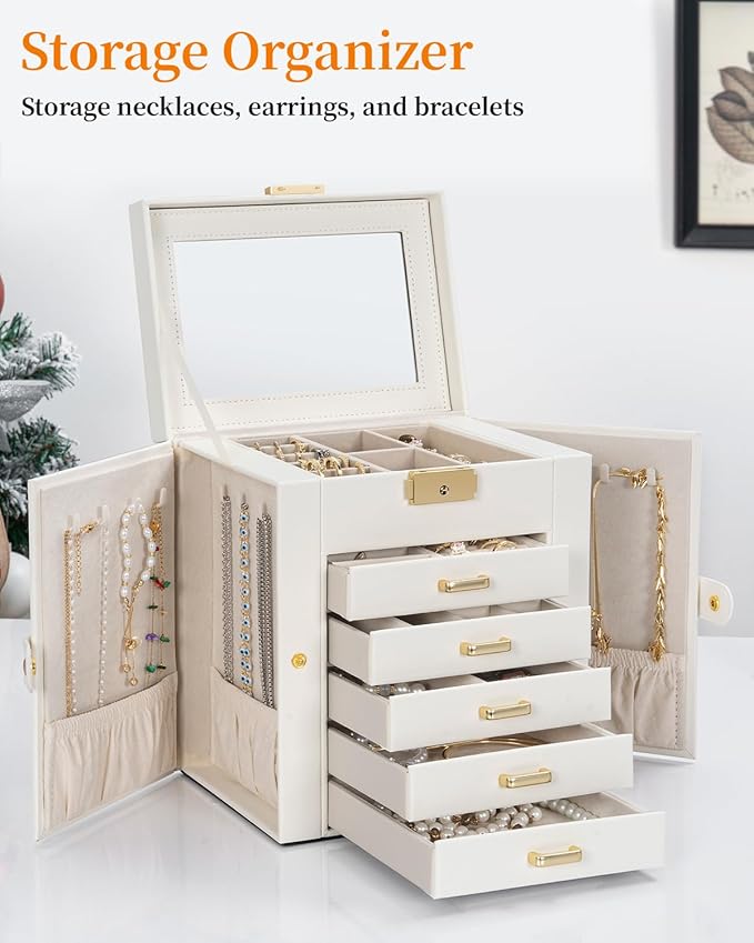 TORIBIO Large Jewelry Box for Women, Leather Jewelry Organizer with Mirror & Lock, 6-Tier Jewelry Storage Case for Girls/Women/Mothers, Necklace Earring Bracelets Holder Organizer