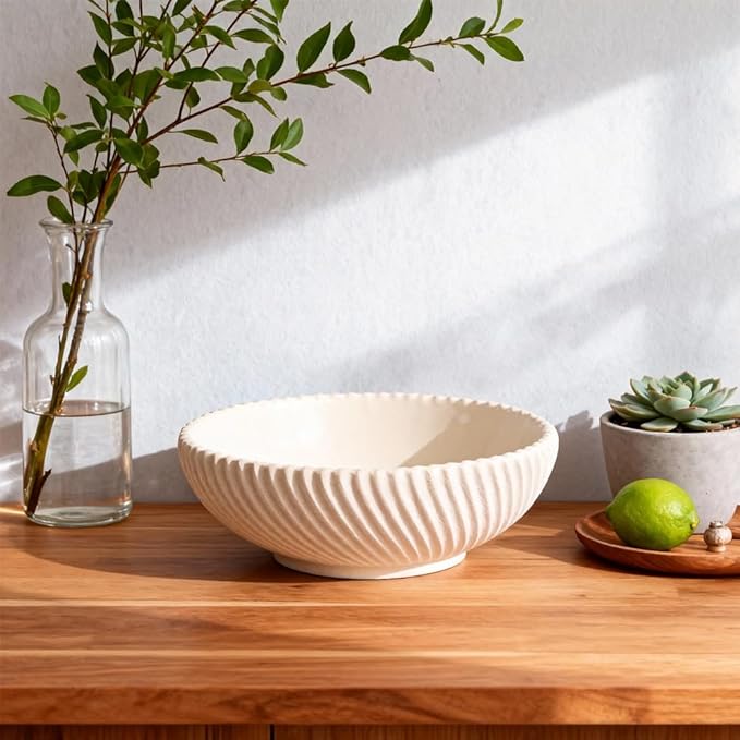 Large Resin Decorative Pedestal Bowl for Home Decor - Sandstone Ribbed Fruit Bowl For Kitchen Counter Or Table Decor - Key Bowl for Entryway Table Decor - Centerpiece Bowls for Keys, Fruit, Candy