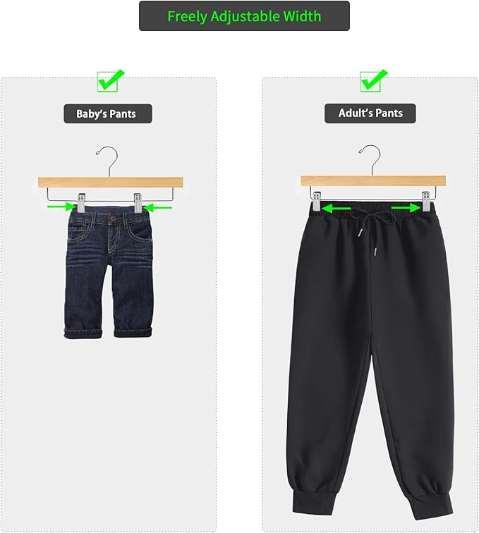 Nature Smile Solid Lotus Wood Deluxe Wooden Pants Hangers Bottom Hanger Jeans Hanger Skirt Hanger with 2-Adjustable Clips Anti-Rust Hook Pack of 10 (Natural)