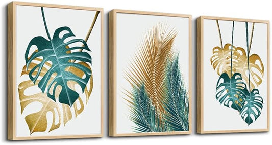 Natural Wood Framed Wall Art For Living Room Wall Decorations For Bedroom Kitchen Wall Decor Dining Room Leaves Painting Abstract Wall Pictures Artwork Bathroom Home Decor 3 Piece Framed Art Prints