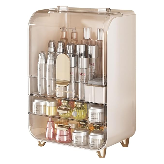 Makeup Organizer for Vanity, Large Capacity Cosmetic Organizer Trendy Stuff, Clear Cosmetic Display Case with Flip-top Lid and 2-Tier Drawer for Bathroom Countertop, Bedroom Dresser (White)