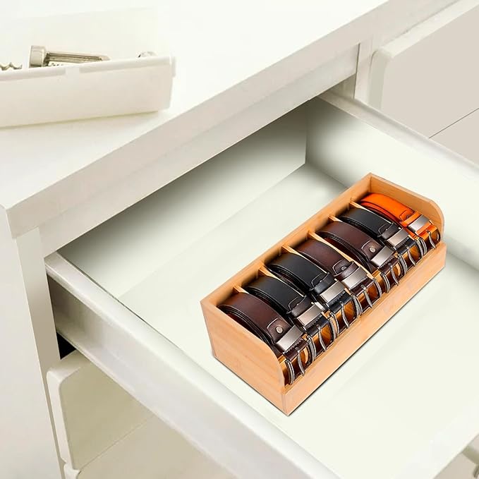GTI Belt Organizer,2pcs 7 Compartments Belt Organizer for Closet and Drawer, Bamboo Display Case for Tie and Belt, Belt Storage Organizer for Men Women (Wooden)