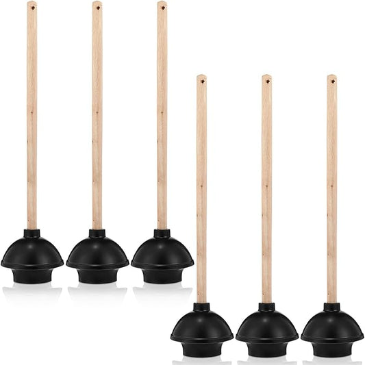 Dandat 6 Pcs Rubber Toilet Plunger with Double Thrust Force Suction Cup Long Wooden Handle Toilet Bowl Plunger Heavy Duty Pump Clogged Solution for Bathroom Stores Restaurants, Black
