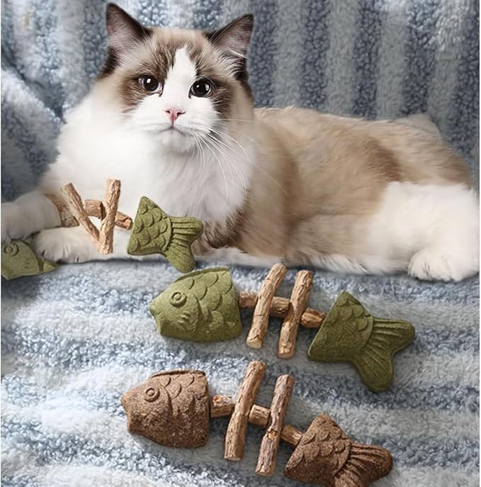 Fix Your Cat’s Dental Health, Creative Fish Bone Cat Toy – Wooden Catnip Teeth Cleaning Stick, Natural Fishbone Cat Dental Toy, Durable Feline Tooth Care Tool (3pcs-Mix)